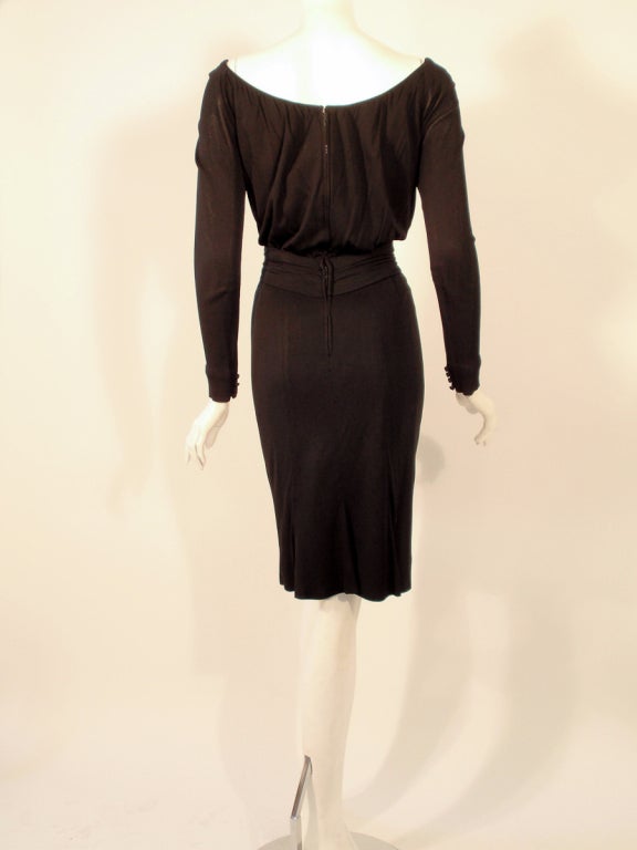 Ceil Chapman Vintage Black Long Sleeve Jersey Cocktail Dress In Excellent Condition For Sale In Los Angeles, CA