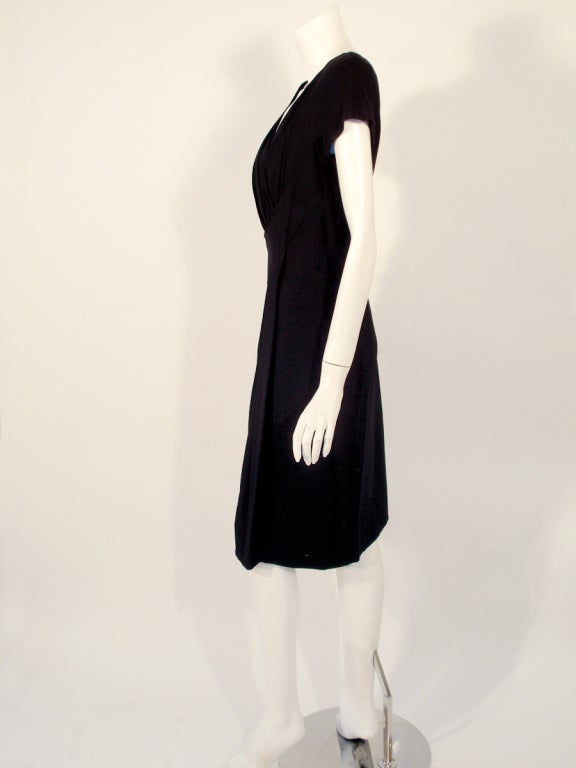 Dorothy O'Hara 1950s Black Cocktail Dress w/ Diagonal Front Pleating Size 10-12 In Excellent Condition For Sale In Los Angeles, CA