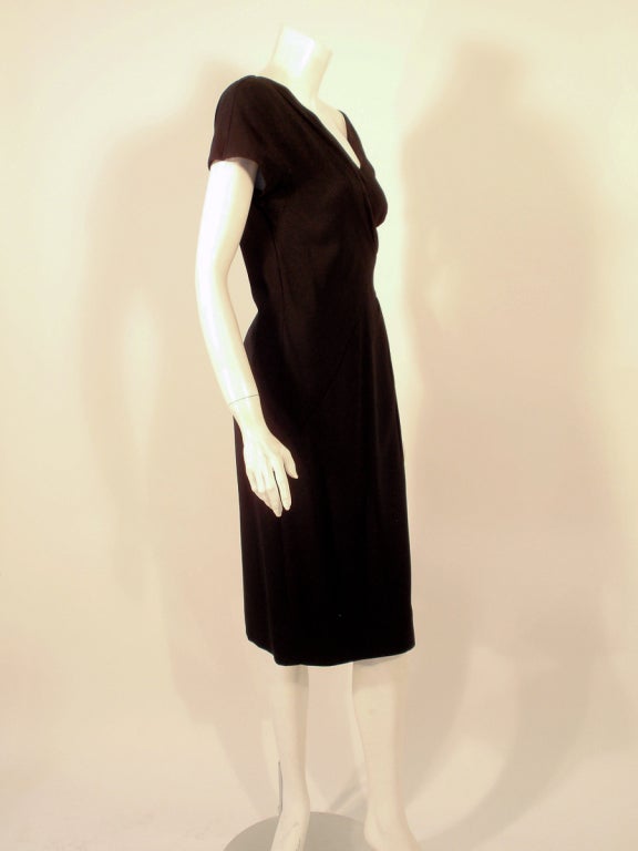 Dorothy O'Hara 1950s Black Cocktail Dress w/ Diagonal Front Pleating Size 10-12 For Sale 1