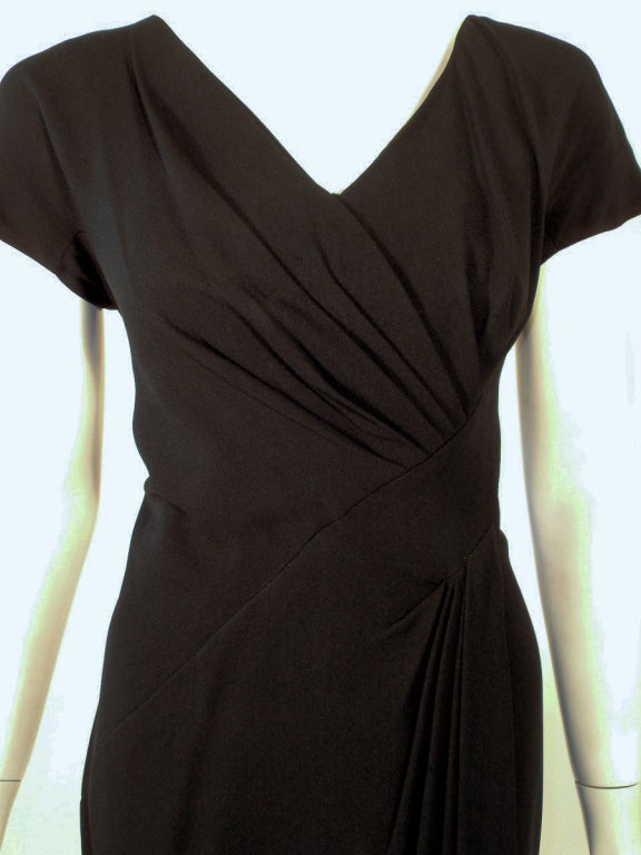 Dorothy O'Hara 1950s Black Cocktail Dress w/ Diagonal Front Pleating Size 10-12 For Sale 2