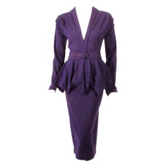 Dorothy O'Hara Purple Wool Cocktail Dress w/ Peplum & Belt