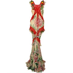 John Galliano Print Silk Chiffon Ruffled Gown w/ Fringe & Laces