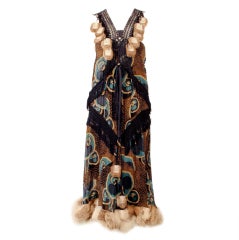 John Galliano Navy Blue Print Silk Chiffon Dress w/ Fur Accents