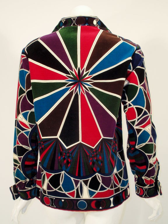 Emilio Pucci 1960s Black Purple Blue Fuschia Cotton Velvet Print Jacket In Excellent Condition In Los Angeles, CA