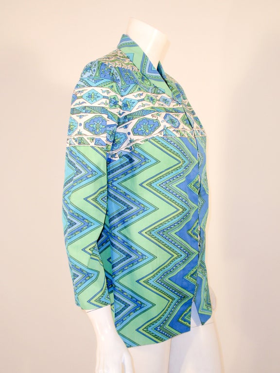 Emilio Pucci 1970s Aqua Blue, Mint Green, & White Cotton Print Jacket In Excellent Condition In Los Angeles, CA