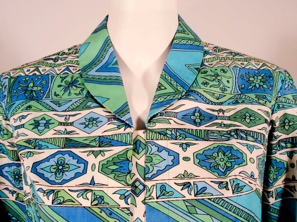 Women's Emilio Pucci 1970s Aqua Blue, Mint Green, & White Cotton Print Jacket