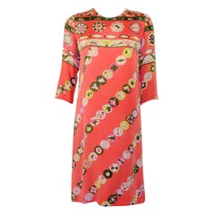 Emilio Pucci Vintage Coral Silk Jersey Print 3/4 Sleeve Sheath Dress 1960s