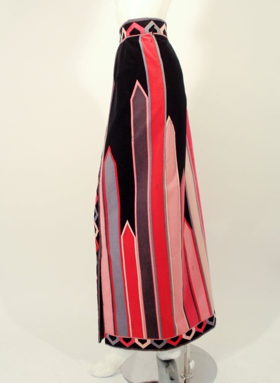Emilio Pucci 1960s Pink, Black Cotton Velvet Border Print Long Skirt In Excellent Condition In Los Angeles, CA