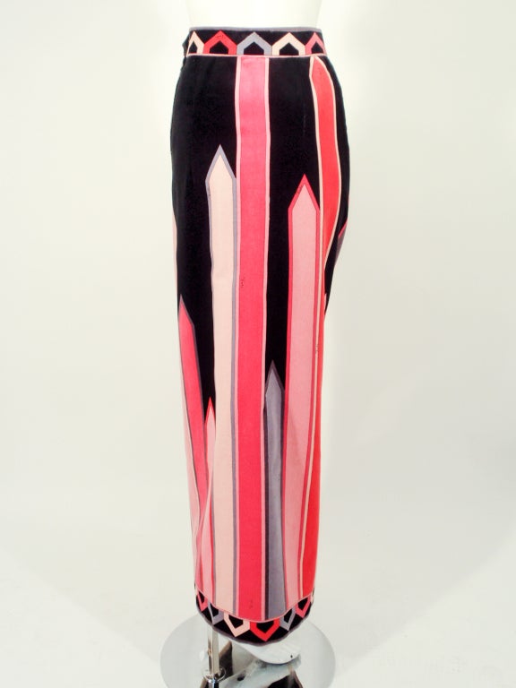 Women's Emilio Pucci 1960s Pink, Black Cotton Velvet Border Print Long Skirt