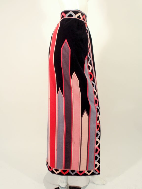 Emilio Pucci 1960s Pink, Black Cotton Velvet Border Print Long Skirt 1