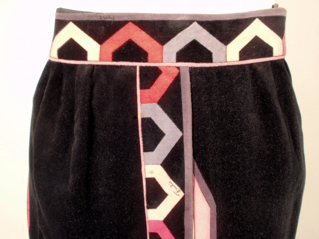 Emilio Pucci 1960s Pink, Black Cotton Velvet Border Print Long Skirt 2