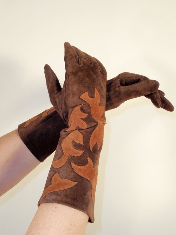 Women's c. 1980's Yves Saint Laurent Rive Gauche Runway Brown Suede Gloves sz. 7