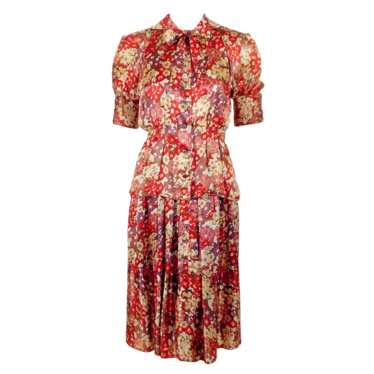 Jean Muir 2 pc Red, Purple Floral Print Rayon Blouse and Skirt Set at ...