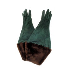 Retro Yves Saint Laurent Rive Gauche Green Suede Gloves w/ Faux Fur