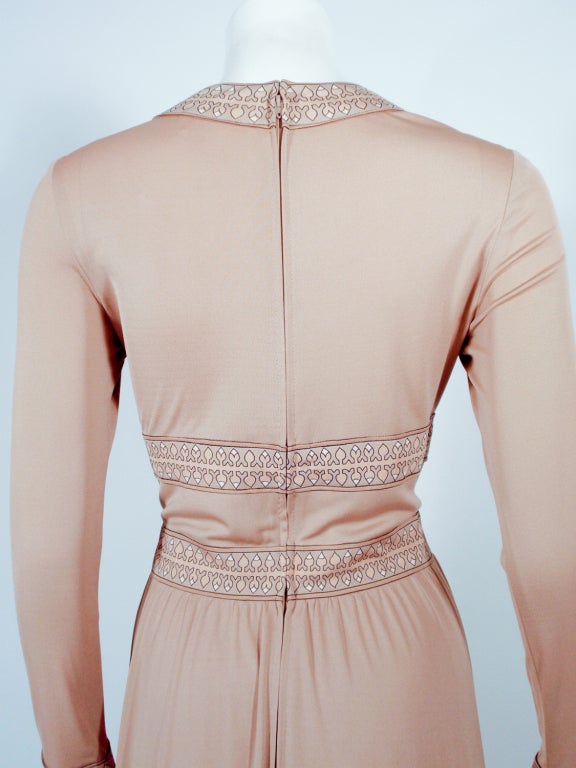 Brown Averardo Bessi Tan Silk Jersey Long Sleeve Dress w/ Border Print For Sale