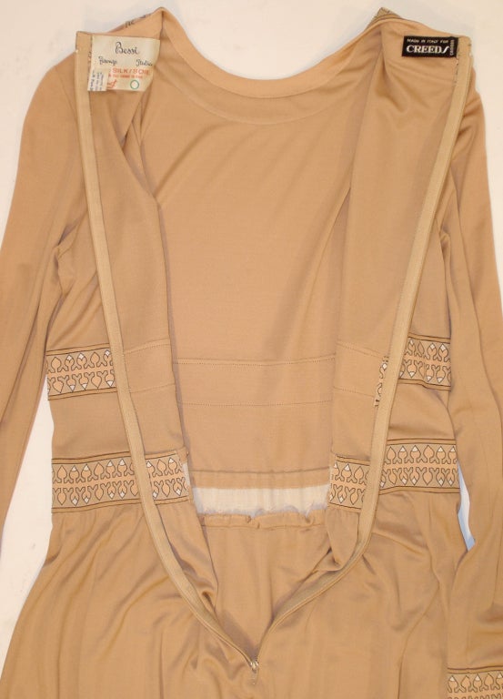 Averardo Bessi Tan Silk Jersey Long Sleeve Dress w/ Border Print In Excellent Condition For Sale In Los Angeles, CA