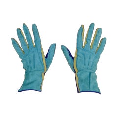 Yves Saint Laurent Rive Gauche Blue, Green Blue Suede Gloves 1980s 7