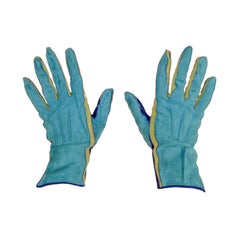 Vintage Yves Saint Laurent Rive Gauche Blue, Green Blue Suede Gloves 1980s