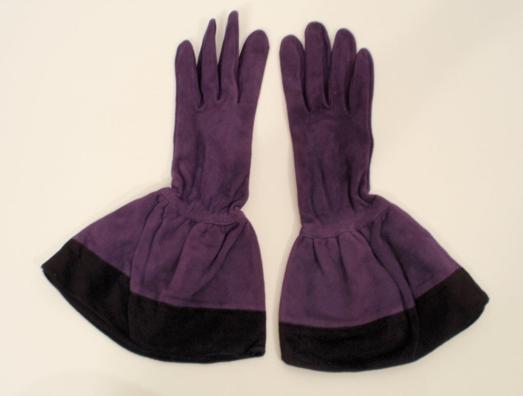 1980s Yves Saint Laurent Rive Gauche Purple with Black Suede trim Gloves 1