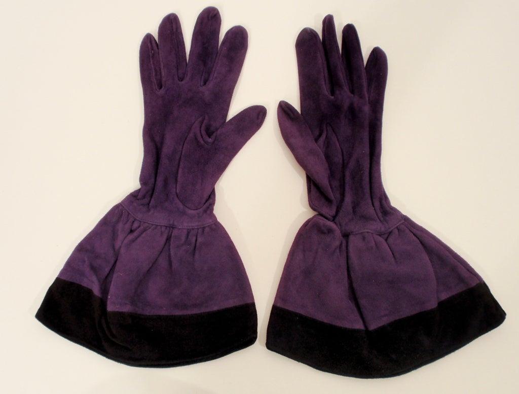 1980s Yves Saint Laurent Rive Gauche Purple with Black Suede trim Gloves 2