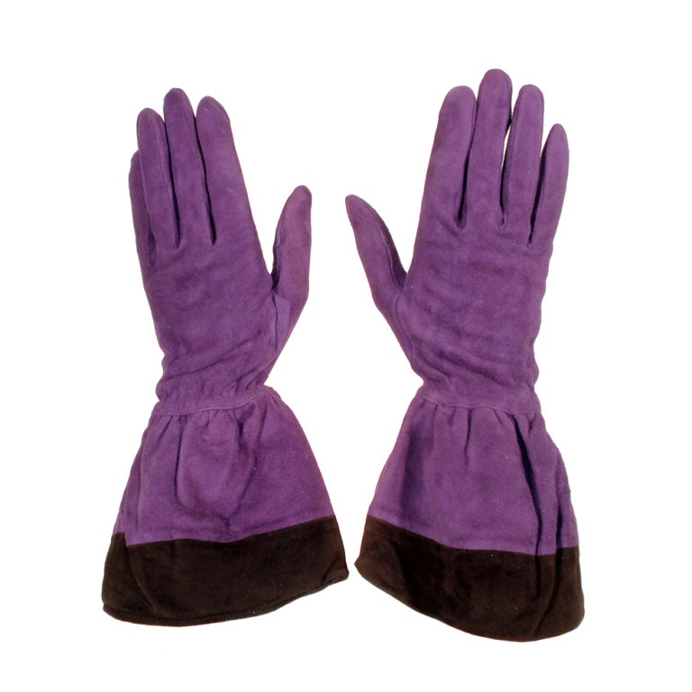 1980s Yves Saint Laurent Rive Gauche Purple with Black Suede trim Gloves