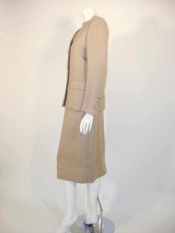 Women's Norman Norell 2 pc. Tan Wool Herringbone Skirt Suit, Deadstock