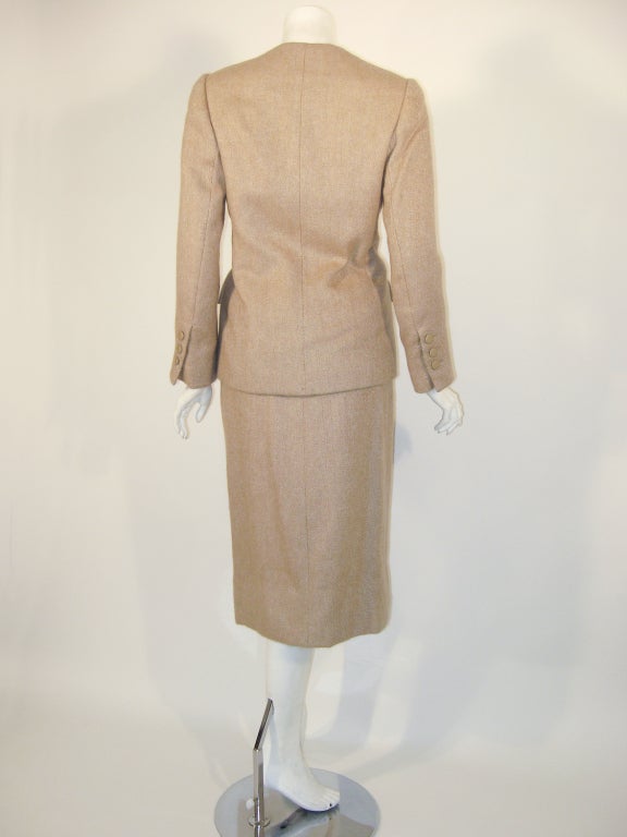 Norman Norell 2 pc. Tan Wool Herringbone Skirt Suit, Deadstock 1