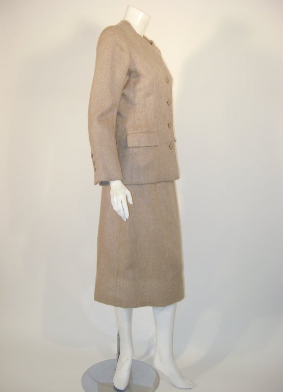 Norman Norell 2 pc. Tan Wool Herringbone Skirt Suit, Deadstock 2