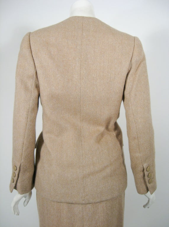 Norman Norell 2 pc. Tan Wool Herringbone Skirt Suit, Deadstock 4
