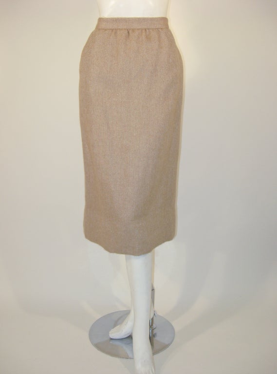 Norman Norell 2 pc. Tan Wool Herringbone Skirt Suit, Deadstock 5