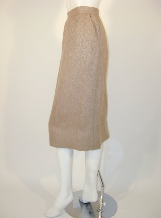 Norman Norell 2 pc. Tan Wool Herringbone Skirt Suit, Deadstock 6