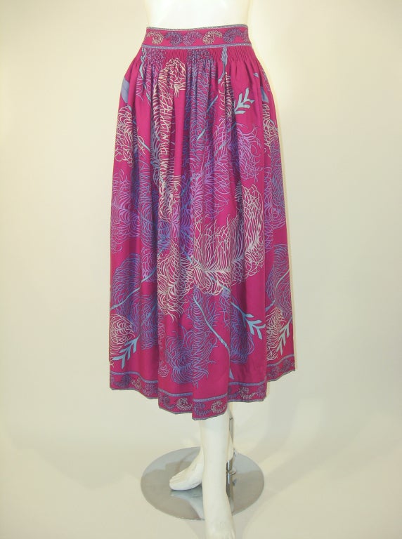 Emilio Pucci Fuschia Feather & Arrow Print Silk Peasant blouse & Wool skirt For Sale 1