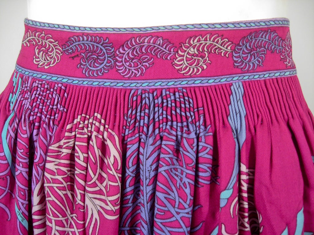 Emilio Pucci Fuschia Feather & Arrow Print Silk Peasant blouse & Wool skirt For Sale 2