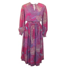 Emilio Pucci Fuschia Feather & Arrow Print Silk Peasant blouse & Wool skirt 5