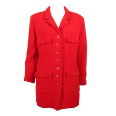 Chanel Red Boucle Jacket w/ Red & Gold Logo Buttons