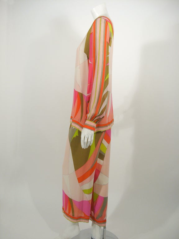 Beige Emilio Pucci 1970s Pink, Peach, Green Print Silk Chiffon Blouse & Pants