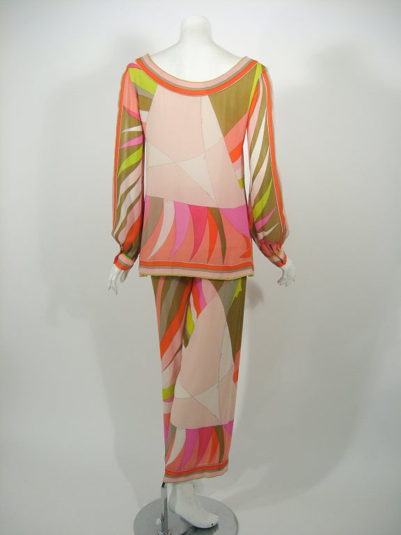 Emilio Pucci 1970s Pink, Peach, Green Print Silk Chiffon Blouse & Pants In Excellent Condition In Los Angeles, CA