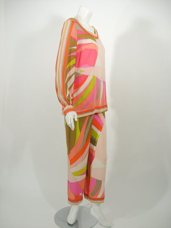 Women's Emilio Pucci 1970s Pink, Peach, Green Print Silk Chiffon Blouse & Pants