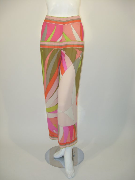 Emilio Pucci 1970s Pink, Peach, Green Print Silk Chiffon Blouse & Pants 3