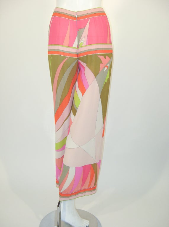 Emilio Pucci 1970s Pink, Peach, Green Print Silk Chiffon Blouse & Pants 4