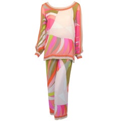 Emilio Pucci 1970s Pink, Peach, Green Print Silk Chiffon Blouse & Pants