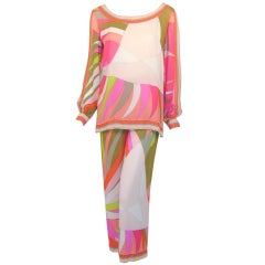 Emilio Pucci 1970s Pink, Peach, Green Print Silk Chiffon Blouse & Pants