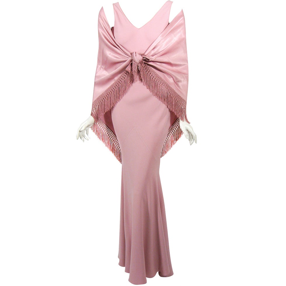 John Galliano Pink Crepe Bias Cut Evening Gown w/ Shawl