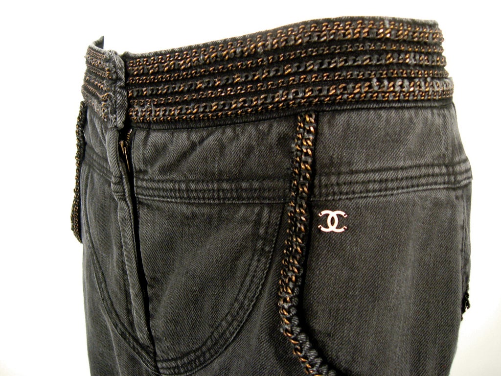 Chanel 2 pc. Slate Grey Denim Crop Jacket & Pants w/ Copper Chain trim 5