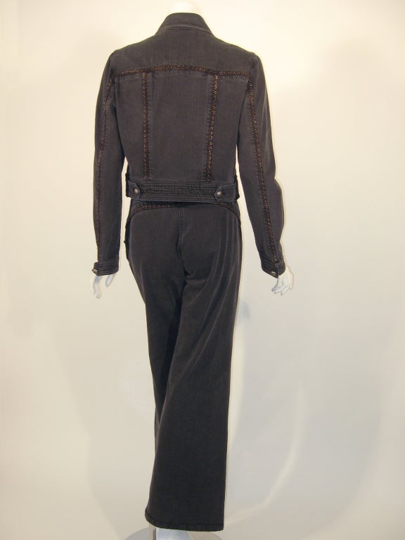 Chanel 2 pc. Slate Grey Denim Crop Jacket & Pants w/ Copper Chain trim In Excellent Condition In Los Angeles, CA