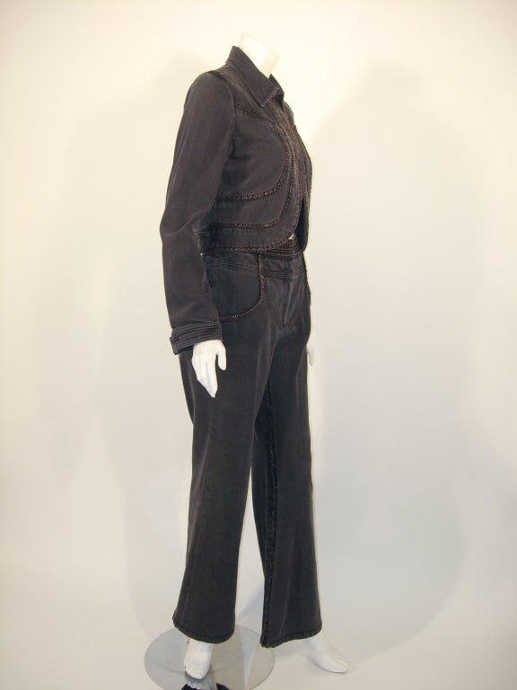 Women's Chanel 2 pc. Slate Grey Denim Crop Jacket & Pants w/ Copper Chain trim