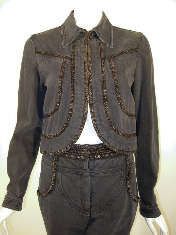 Chanel 2 pc. Slate Grey Denim Crop Jacket & Pants w/ Copper Chain trim 1