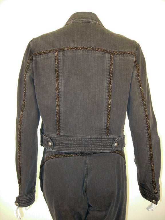 Chanel 2 pc. Slate Grey Denim Crop Jacket & Pants w/ Copper Chain trim 2