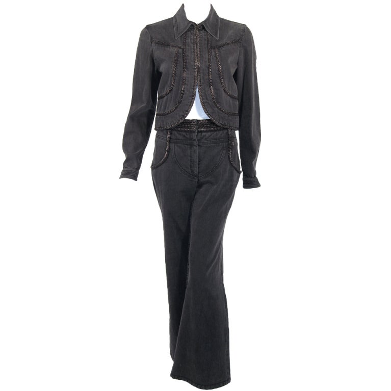 Chanel 2 pc. Slate Grey Denim Crop Jacket & Pants w/ Copper Chain trim