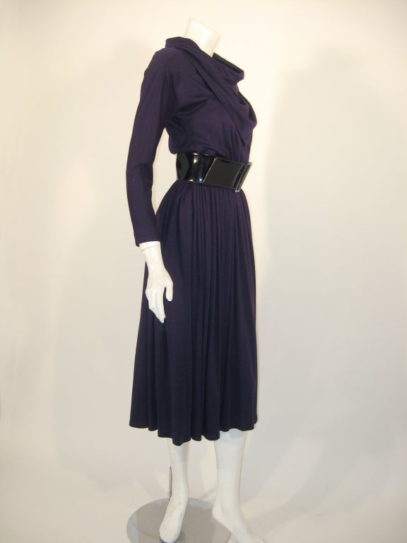 Geoffrey Beene Purple Wool Knit Cowl Neck Drape Dress & Wide Patent Belt In Excellent Condition For Sale In Los Angeles, CA